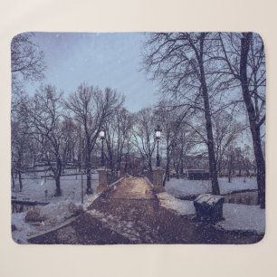 Wintersneeuwstadspark in de avond sherpa deken