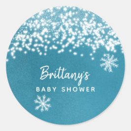 Wintersneeuwvlok Baby shower blauw Ronde Sticker