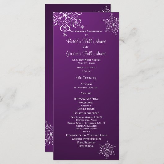 Wintersneeuwvlok Paarse bruiloft programma Programmakaart (Voorkant / Achterkant)