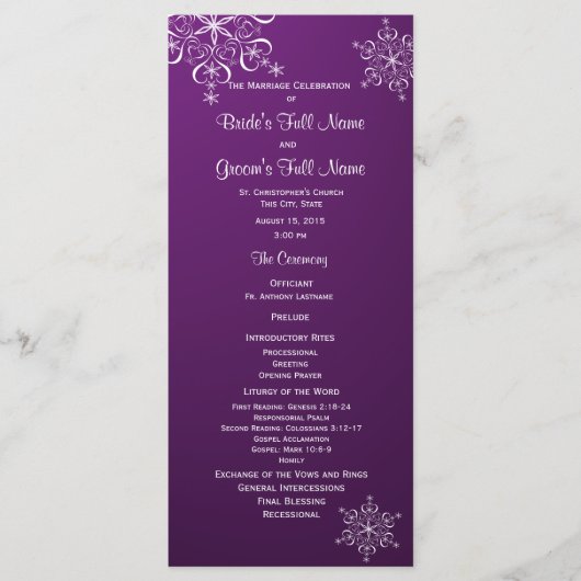 Wintersneeuwvlok Paarse bruiloft programma Programmakaart (Voorkant)