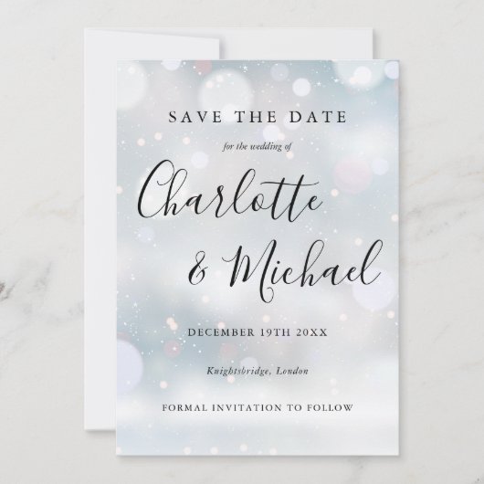 Wintersneeuwvlokken Elegante Script Save the Date (Voorkant)