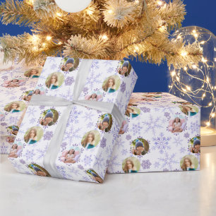 Wintersneeuwvlokken en 3 foto patroon paars cadeaupapier
