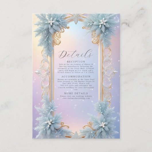 Wintersneeuwvlokken en blauwe bloemen Details Informatiekaartje (Voorkant)