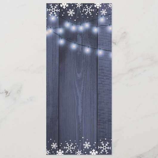 Wintersneeuwvlokken en verlichting schuur hout men menu (Achterkant)