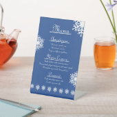 Wintersneeuwvlokken in blauwe voetsporen reclamebord met voetstuk (Insitu)