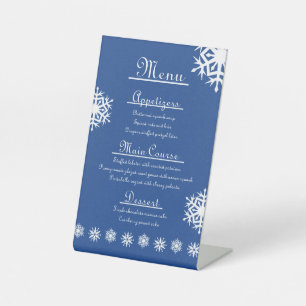 Wintersneeuwvlokken in blauwe voetsporen reclamebord met voetstuk