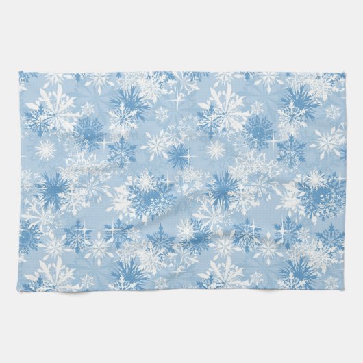 Wintersneeuwvlokken op blauw theedoek (Horizontaal)