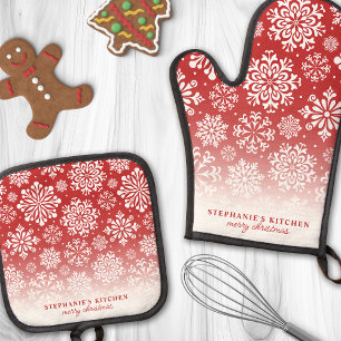 Wintersneeuwvlokken op Rode Cute Ombre Kerstmis Ovenwant & Pannenlap Set