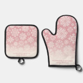 Wintersneeuwvlokken op roze Schattige Ombre Kerst Ovenwant & Pannenlap Set (Voorkant)