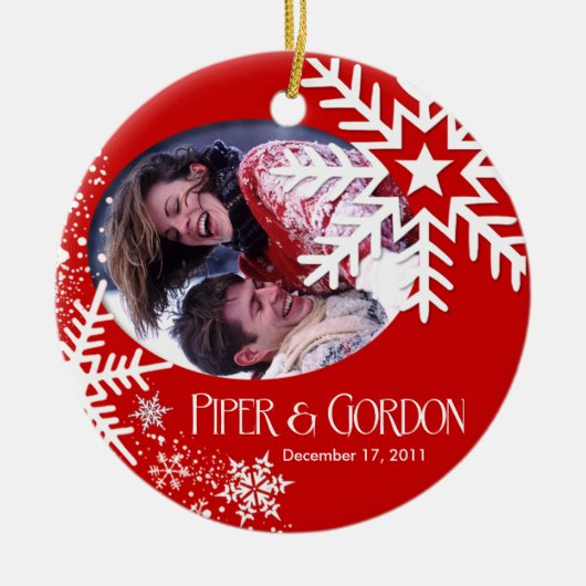 Wintersneeuwvlokken (rood) Fotoversiering Keramisch Ornament (Voorkant)