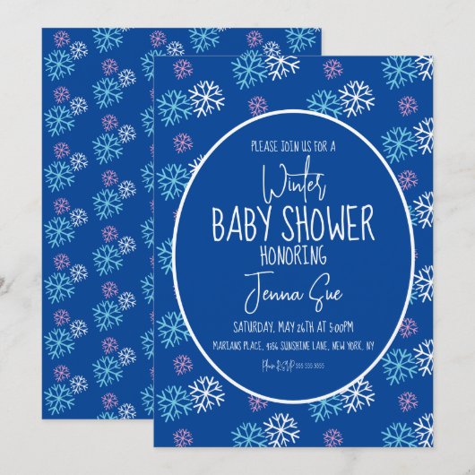 Wintersneeuwvlokken Roze Blauw Baby shower Kaart (Voorkant / Achterkant)