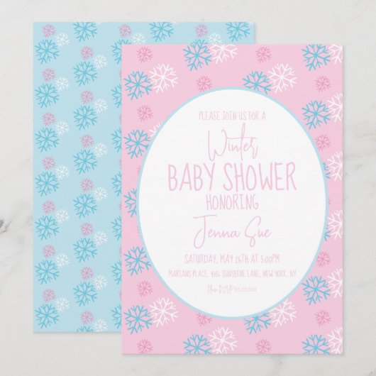 Wintersneeuwvlokken Roze Blauw Baby shower Kaart (Voorkant / Achterkant)