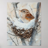 Wintersneeuwvogel in Nest Tree Natuur Waterverf Poster (Voorkant)
