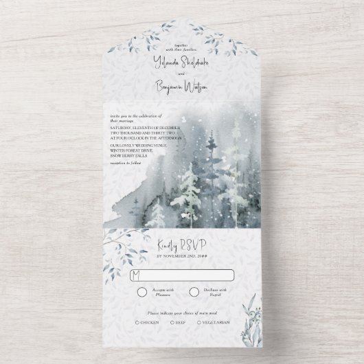 Wintersneeuwwoud Waterverf Weddenschap met RSVP All In One Uitnodiging (Binnen)
