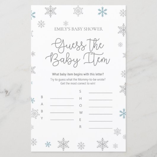 Wintersnowflake Baby shower Game, AFGEDRUKT (Voorkant)