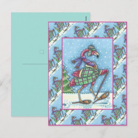 WINTERSNOWSHOES EN KOOPPINKFLAMINGO TREKKEN FEESTDAGENKAART (Voorkant / Achterkant)