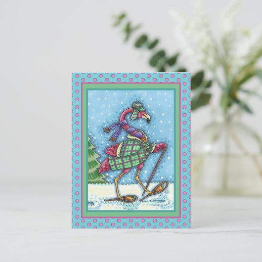 WINTERSNOWSHOES EN KOOPPINKFLAMINGO TREKKEN FEESTDAGENKAART (Staand voorkant)