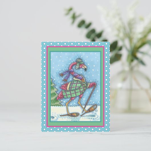 WINTERSNOWSHOES EN KOOPPINKFLAMINGO TREKKEN FEESTDAGENKAART (Staand voorkant)