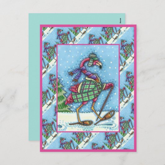WINTERSNOWSHOES EN KOOPPINKFLAMINGO TREKKEN FEESTDAGENKAART (Voorkant / Achterkant)