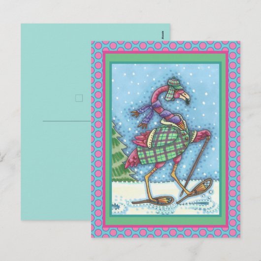 WINTERSNOWSHOES EN KOOPPINKFLAMINGO TREKKEN FEESTDAGENKAART (Voorkant / Achterkant)