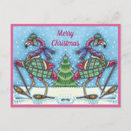 WINTERSNOWSHOES EN KOOPPINKFLAMINGO TREKKEN FEESTDAGENKAART (Voorkant)