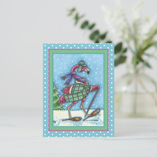 WINTERSNOWSHOES EN KOOPPINKFLAMINGO TREKKEN FEESTDAGENKAART (Staand voorkant)