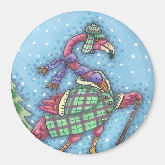 WINTERSNOWSHOES, PINK FLAMINGO MAGNET Round (Voorkant)