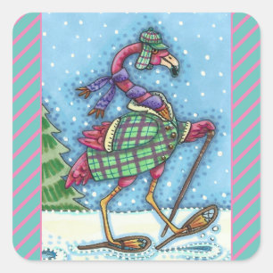 WINTERSNOWSHOES, PINKFLAMINGO, KUTE CHRISTMAS VIERKANTE STICKER