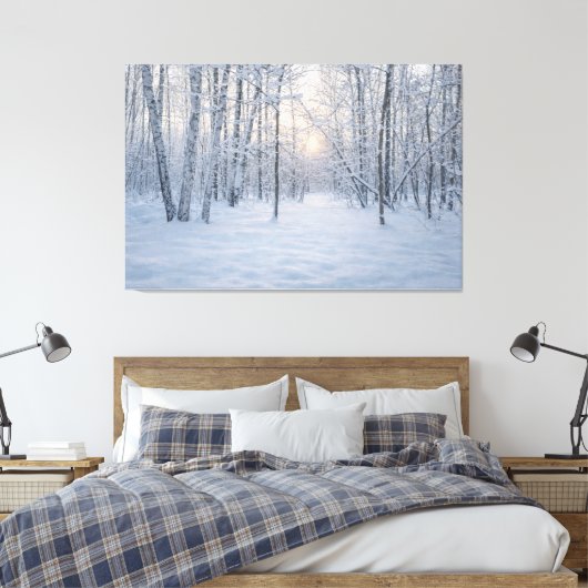 Wintersonlicht in stil berkenbos canvas afdruk (Insitu (Slaapkamer))