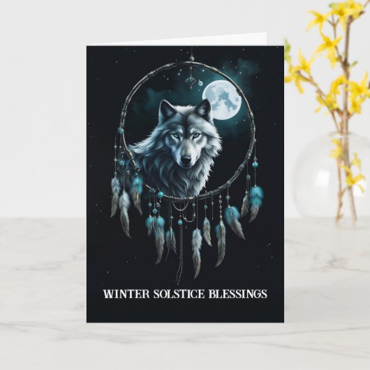 Wintersonnewende met Wolf in Dream Catcher Moon Kaart (Gele Bloem)