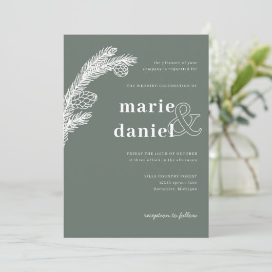 Wintersparren op groene bruiloft uitnodigen kaart (Staand voorkant)