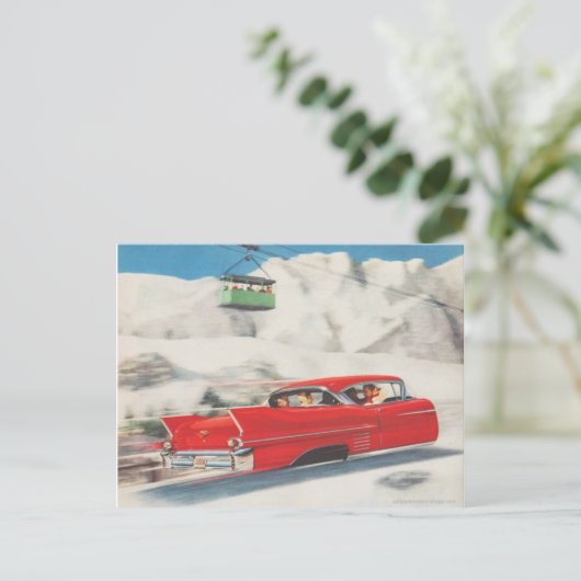  wintersport, auto en cablecar briefkaart (Staand voorkant)