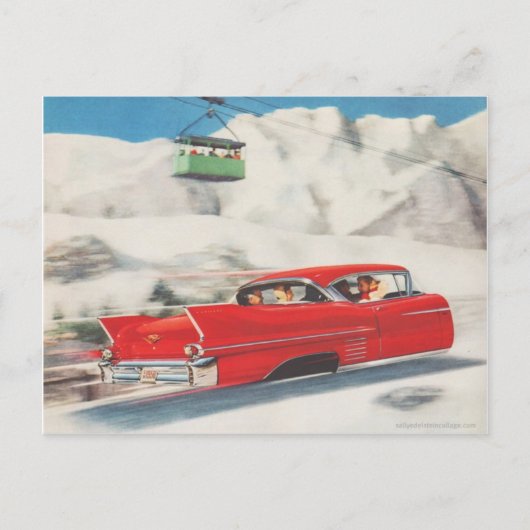  wintersport, auto en cablecar briefkaart (Voorkant)