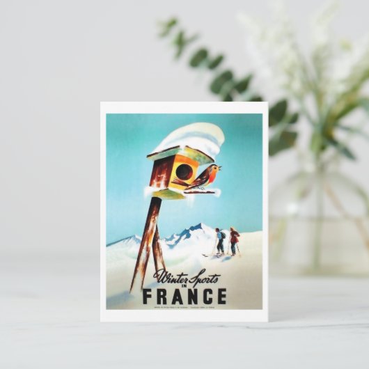 Wintersport in Frankrijk, kleine vogel thuis Briefkaart (Staand voorkant)