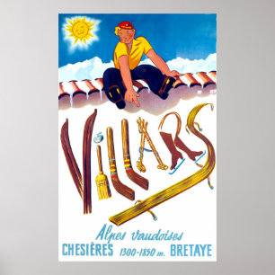 Wintersport in Villars, Zwitserland, vintage Poster
