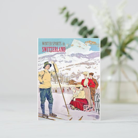 Wintersport in Zwitserland, oldtimers Briefkaart (Staand voorkant)