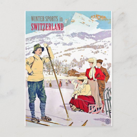 Wintersport in Zwitserland, oldtimers Briefkaart (Voorkant)