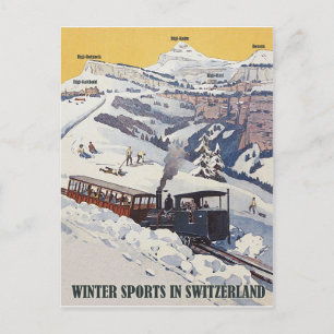 Wintersport in Zwitserland, oldtimers Briefkaart
