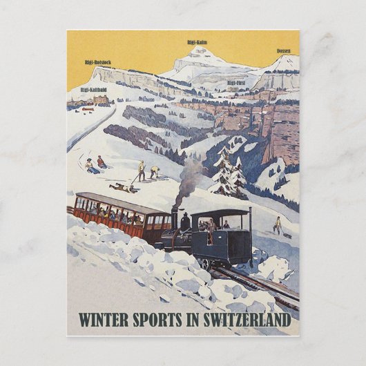 Wintersport in Zwitserland, oldtimers Briefkaart (Voorkant)