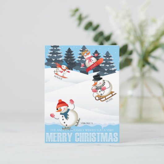 Wintersport Snowmen Illustratie Kerstmis Feestdagenkaart (Staand voorkant)