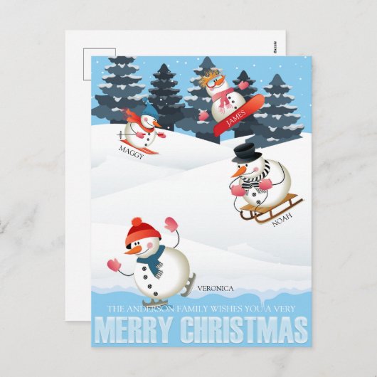 Wintersport Snowmen Illustratie Kerstmis Feestdagenkaart (Voorkant / Achterkant)