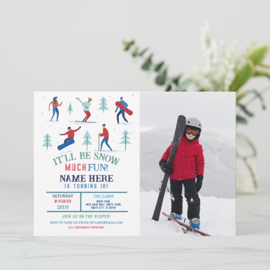 Wintersport Verjaardagsfeestje Ski Snowboard Foto Kaart (Staand voorkant)