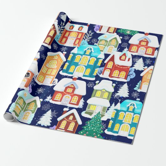 Winterstad met Victoriaans huizen. Kerstthema Cadeaupapier (Uitgerold)