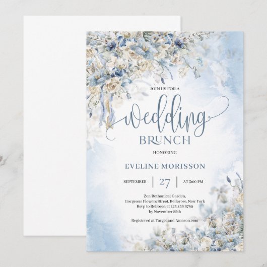 Winterstoffige blauwe bloemen groenere trouwbrunch kaart (Voorkant / Achterkant)