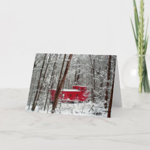 Winterstorm, rode kasten, feestdag, sneeuw feestdagen kaart