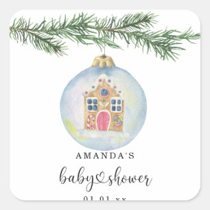 Wintertak met babyshower speelgoed vierkante sticker