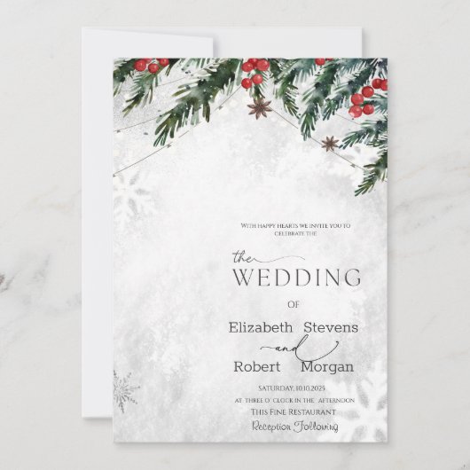 Wintertakken Rode bessen Sneeuwvlokken bruiloft Kaart (Voorkant)