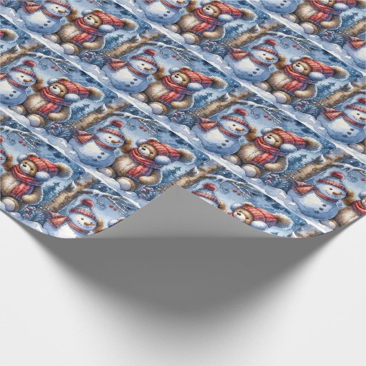 Winterteddybeer met sneeuwpop cadeaupapier (Hoek)