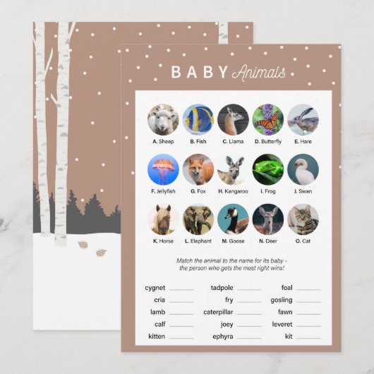 Winterthema Baby shower Spel — Baby-dieren Programmakaart (Voorkant / Achterkant)