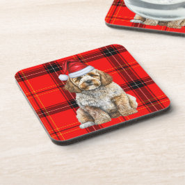 Winterthema Cockapoo Santa Dog Red Holiday Plaid Bier Onderzetter